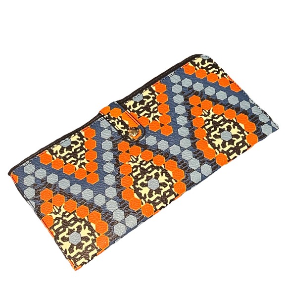 VERA BRADLEY WALLET BLUE & ORANGE HONEYCOMB PATTERN FOLD OPEN SNAP CLOSURE - Picture 1 of 5